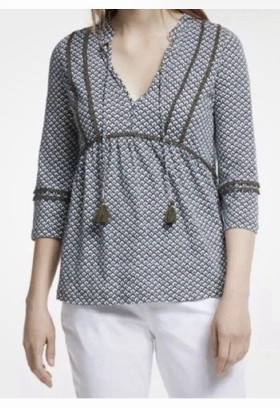 Boden Gemma Tassel Top 3/4 Length Sleeve Embellished Boho Style Peasant Sz 2R